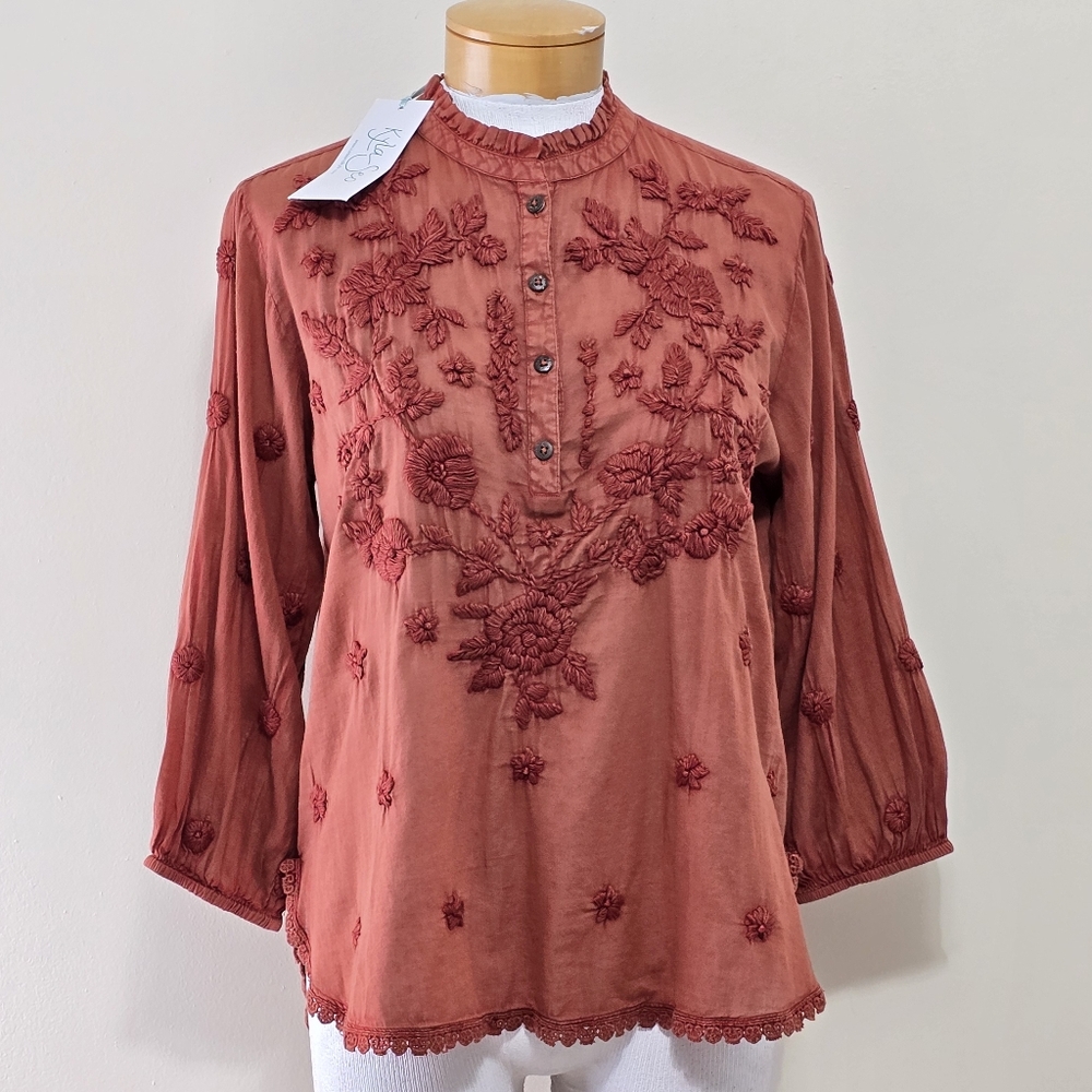 NWT Kyla Seo Caite Sz S Paloma Embroidered Cotton Blouse Top Terracota Boho